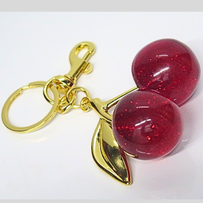 Red Glitter Cherry Bag Charm Keychain, Resin Sparkly Cherry Keychain with Gold Leaf, Cute Y2K Coquette Purse Accessory, Cherry Girl Aesthetic Bag Clip, Gift for Her