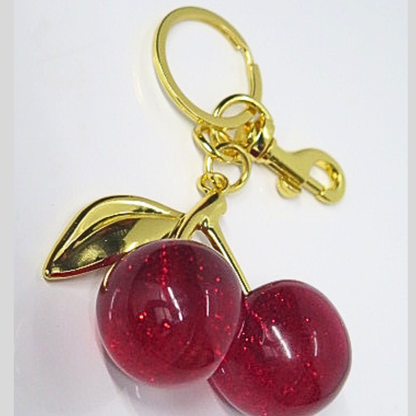 Red Glitter Cherry Bag Charm Keychain, Resin Sparkly Cherry Keychain with Gold Leaf, Cute Y2K Coquette Purse Accessory, Cherry Girl Aesthetic Bag Clip, Gift for Her