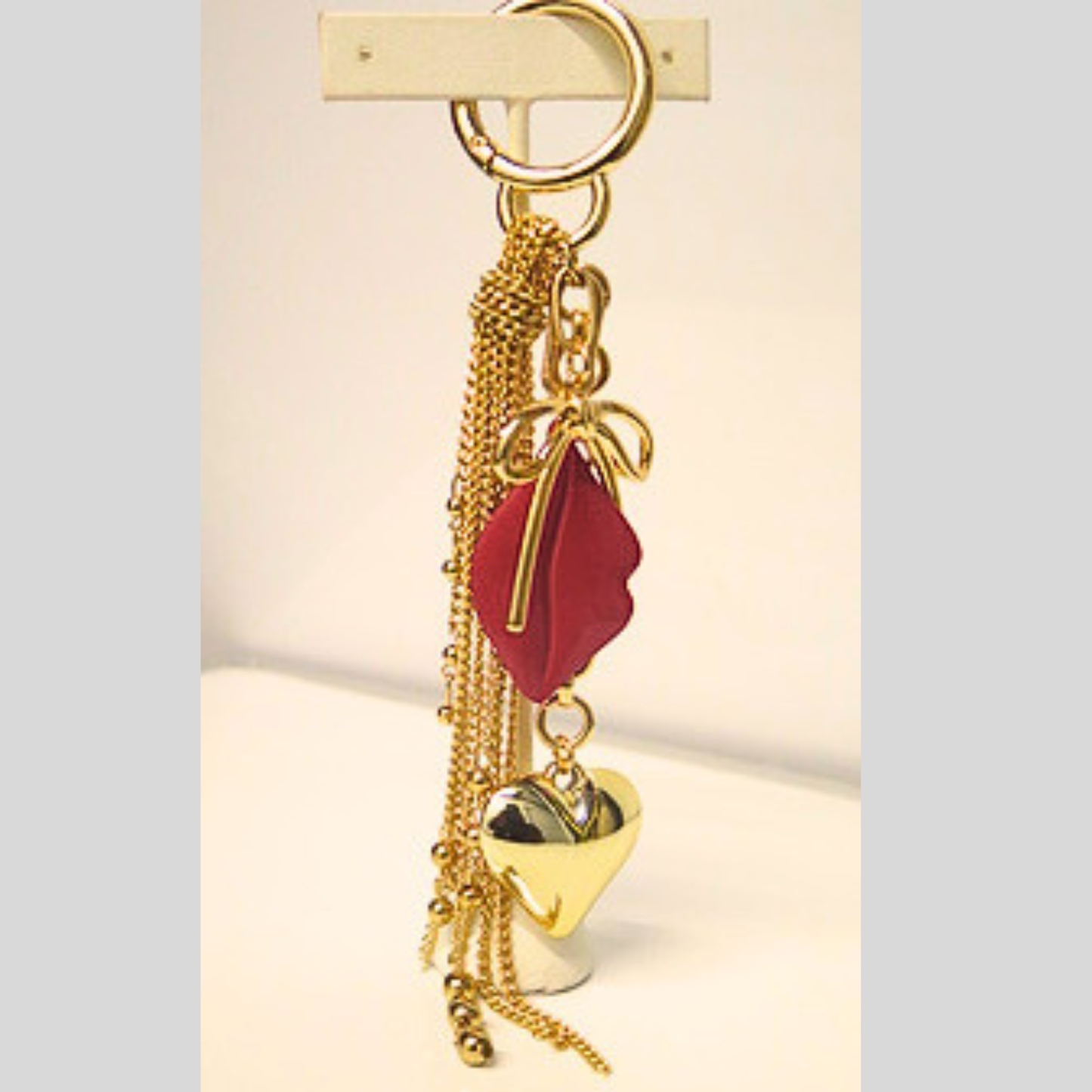 Gold Chain Tassel Bag Charm with Red Lips, Heart & Bow Charms, Glam Y2K Coquette Keychain, Flirty Coquette Purse Accessory, Statement Bag Clip, Gift for Her