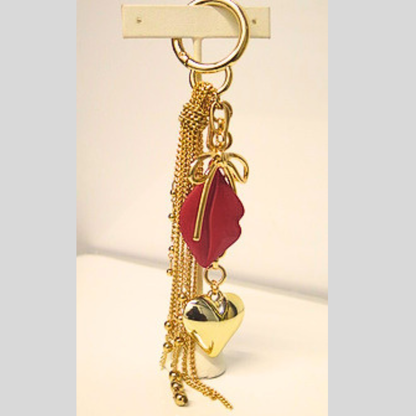 Gold Chain Tassel Bag Charm with Red Lips, Heart & Bow Charms, Glam Y2K Coquette Keychain, Flirty Coquette Purse Accessory, Statement Bag Clip, Gift for Her
