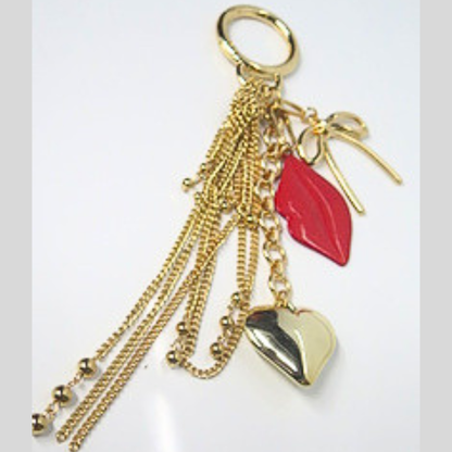 Gold Chain Tassel Bag Charm with Red Lips, Heart & Bow Charms, Glam Y2K Coquette Keychain, Flirty Coquette Purse Accessory, Statement Bag Clip, Gift for Her