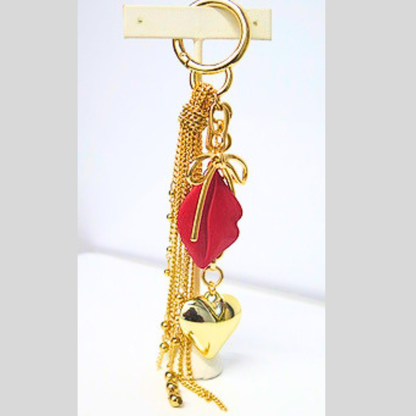 Gold Chain Tassel Bag Charm with Red Lips, Heart & Bow Charms, Glam Y2K Coquette Keychain, Flirty Coquette Purse Accessory, Statement Bag Clip, Gift for Her