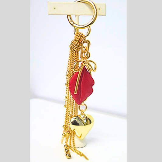 Gold Chain Tassel Bag Charm with Red Lips, Heart & Bow Charms, Glam Y2K Coquette Keychain, Flirty Coquette Purse Accessory, Statement Bag Clip, Gift for Her