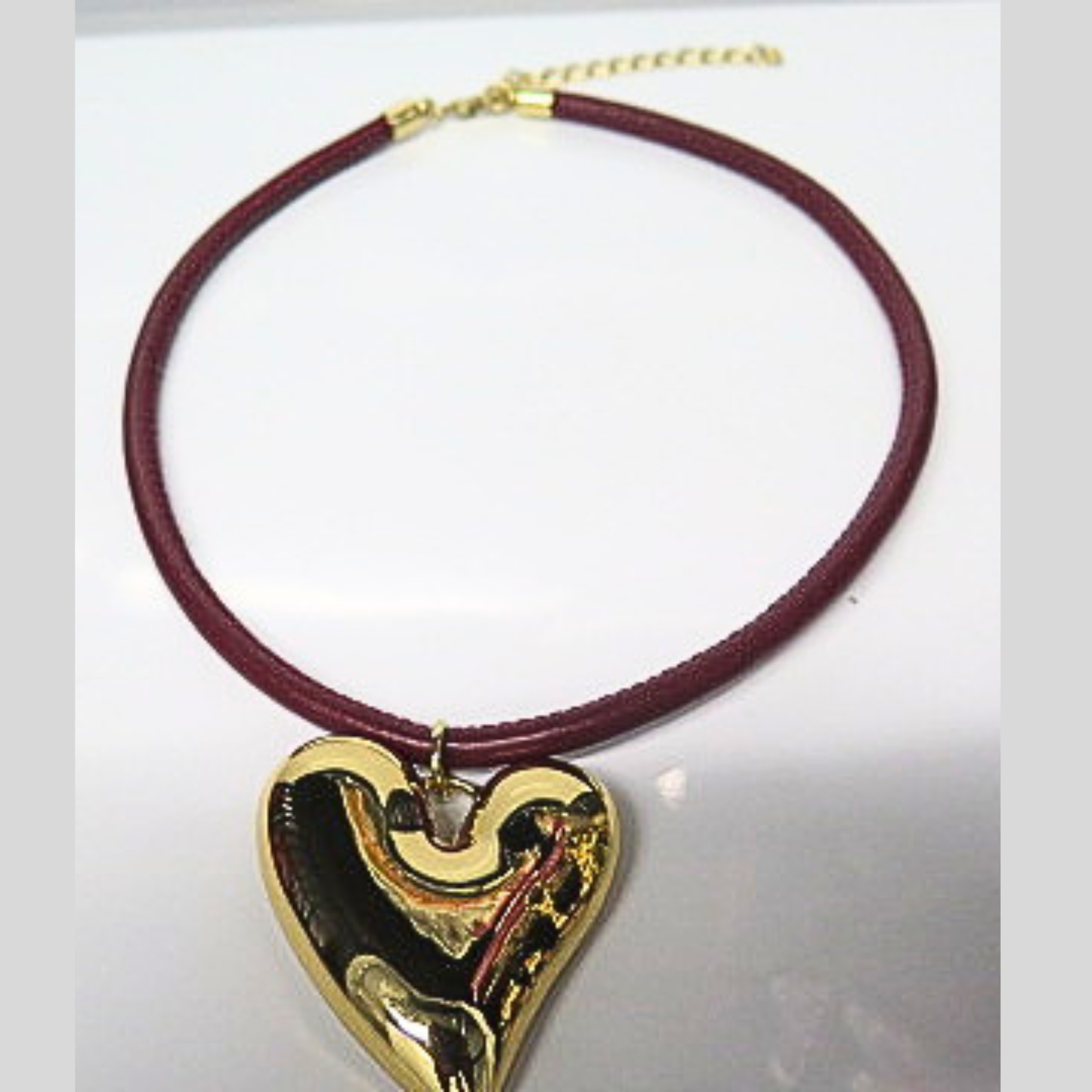 Burgundy Leather Cord Necklace with Gold Puffy Heart Pendant, Statement Heart Choker, Y2K Mob Wife Aesthetic Jewelry, Dark Romance Layering Necklace, Gift for Her