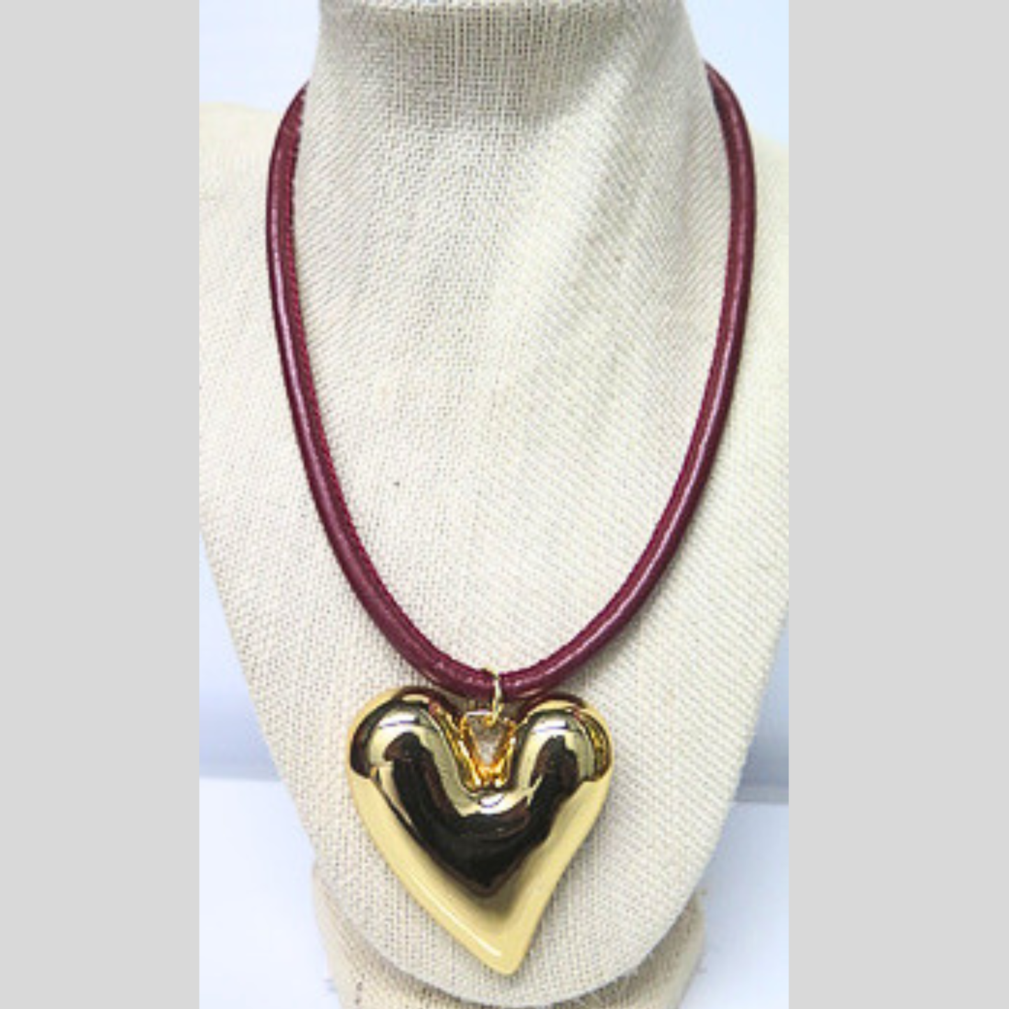 Burgundy Leather Cord Necklace with Gold Puffy Heart Pendant, Statement Heart Choker, Y2K Mob Wife Aesthetic Jewelry, Dark Romance Layering Necklace, Gift for Her
