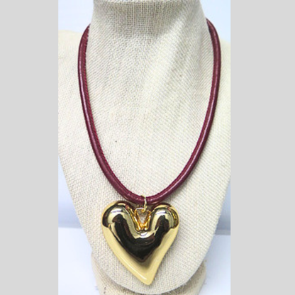 Burgundy Leather Cord Necklace with Gold Puffy Heart Pendant, Statement Heart Choker, Y2K Mob Wife Aesthetic Jewelry, Dark Romance Layering Necklace, Gift for Her
