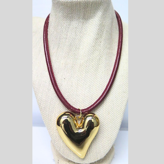 Burgundy Leather Cord Necklace with Gold Puffy Heart Pendant, Statement Heart Choker, Y2K Mob Wife Aesthetic Jewelry, Dark Romance Layering Necklace, Gift for Her