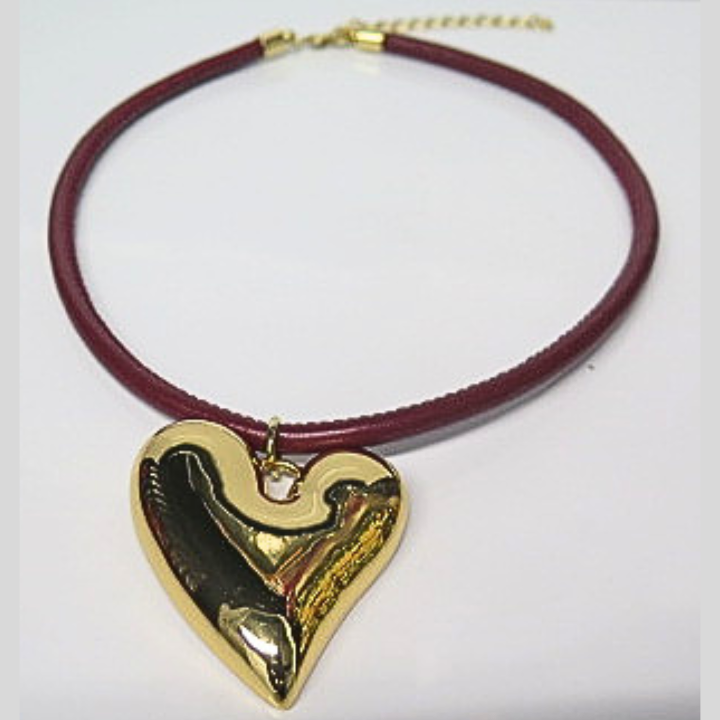 Burgundy Leather Cord Necklace with Gold Puffy Heart Pendant, Statement Heart Choker, Y2K Mob Wife Aesthetic Jewelry, Dark Romance Layering Necklace, Gift for Her