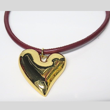 Burgundy Leather Cord Necklace with Gold Puffy Heart Pendant, Statement Heart Choker, Y2K Mob Wife Aesthetic Jewelry, Dark Romance Layering Necklace, Gift for Her