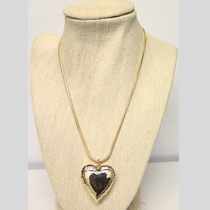 Gold Tone Puffy Heart Pendant Necklace, Long 30 Inch Snake Chain, Layering Love Necklace, Vintage Style Heart Charm Gift for Her