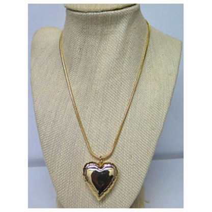 Gold Tone Puffy Heart Pendant Necklace, Long 30 Inch Snake Chain, Layering Love Necklace, Vintage Style Heart Charm Gift for Her