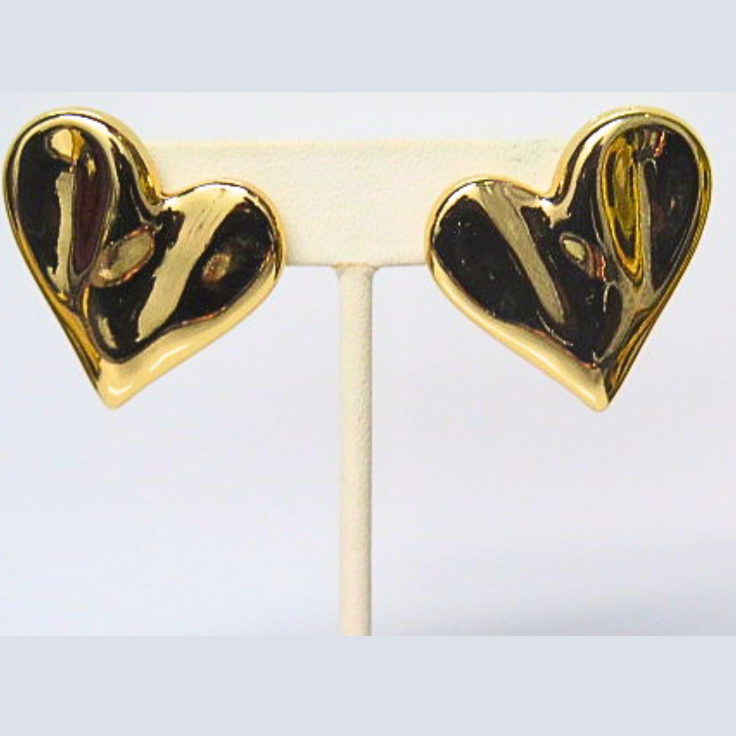 Gold Tone Puffy Heart Stud Earrings, Bold Sculptural Heart Studs, Romantic Statement Earrings, Vintage Style Love Gift for Her