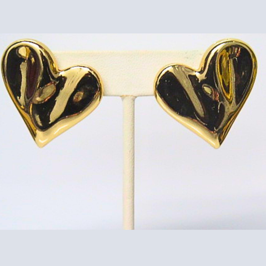 Gold Tone Puffy Heart Stud Earrings, Bold Sculptural Heart Studs, Romantic Statement Earrings, Vintage Style Love Gift for Her