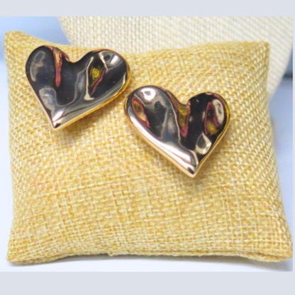 Gold Tone Puffy Heart Stud Earrings, Bold Sculptural Heart Studs, Romantic Statement Earrings, Vintage Style Love Gift for Her