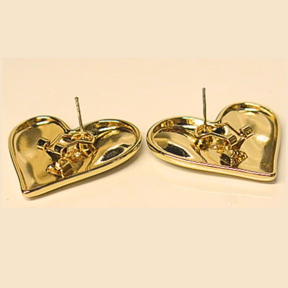 Gold Tone Puffy Heart Stud Earrings, Bold Sculptural Heart Studs, Romantic Statement Earrings, Vintage Style Love Gift for Her