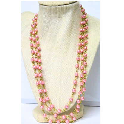 3-Layer Pink Pearl Necklace 21-23" Gold Wire Heart Toggle