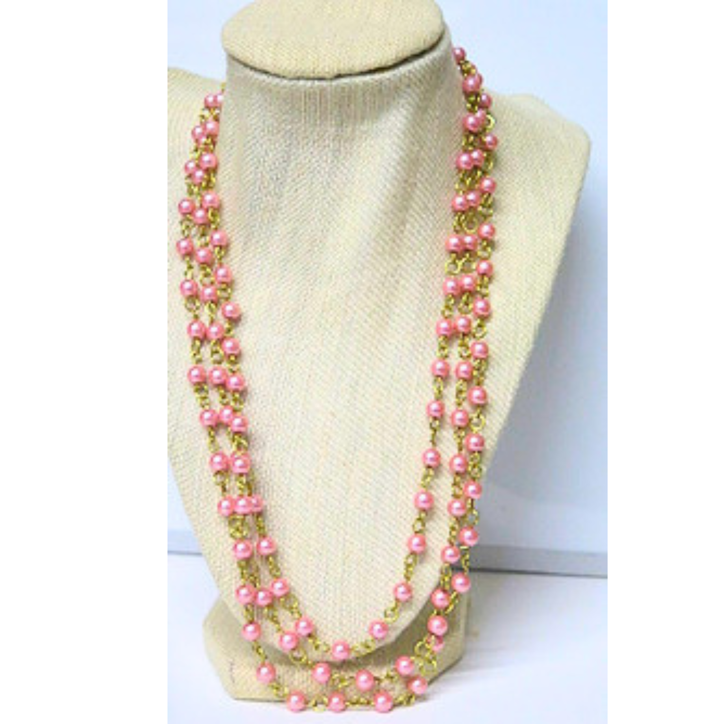 3-Layer Pink Pearl Necklace 21-23" Gold Wire Heart Toggle