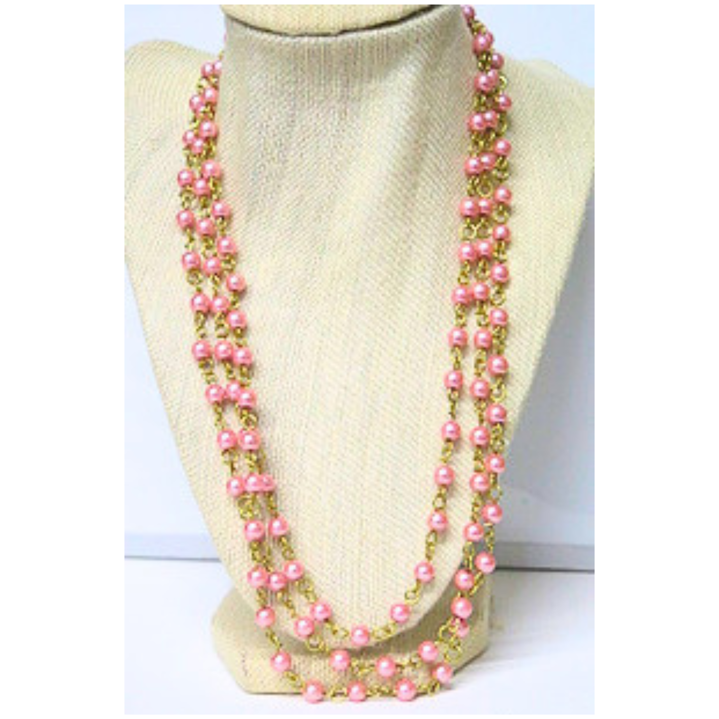 3-Layer Pink Pearl Necklace 21-23" Gold Wire Heart Toggle