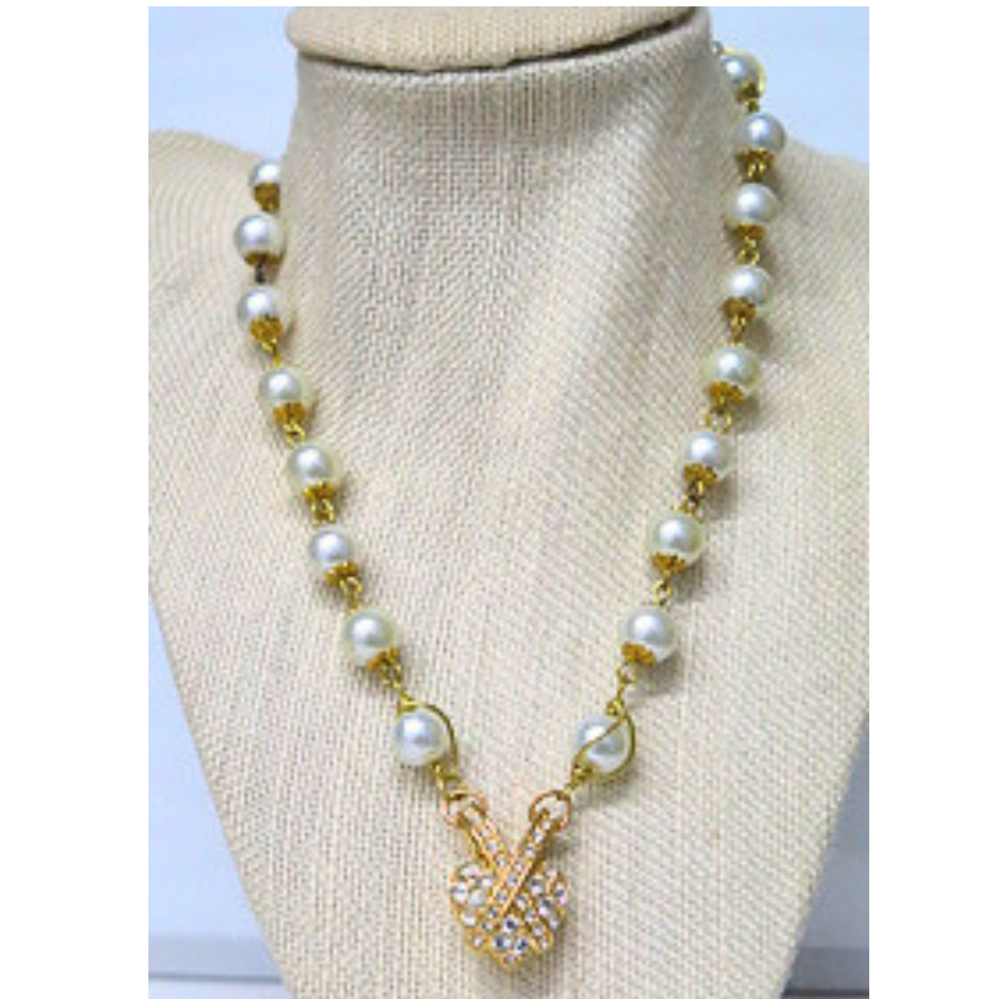 White Pearl Necklace 17" Gold Wire Wrap Rhinestone Heart Pendant