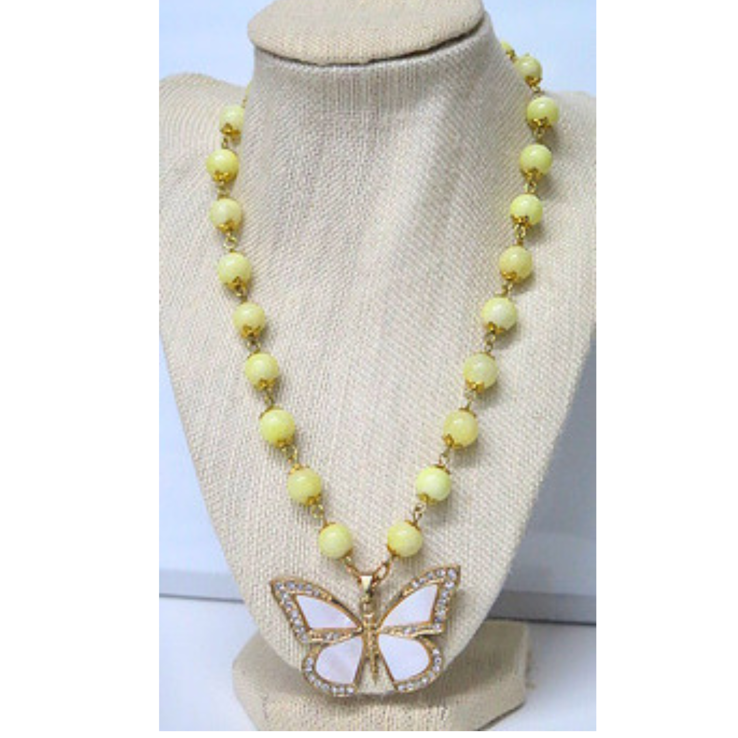 Yellow Beaded Necklace 18" Butterfly Pendant Gold Wire Toggle