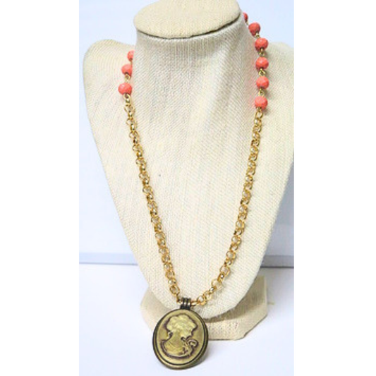 Coral Cameo Necklace 32" Vintage Victorian Boho Long Pendant