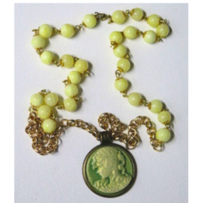 Green Cameo Necklace 31" Vintage Boho Yellow Beads Gold Chain