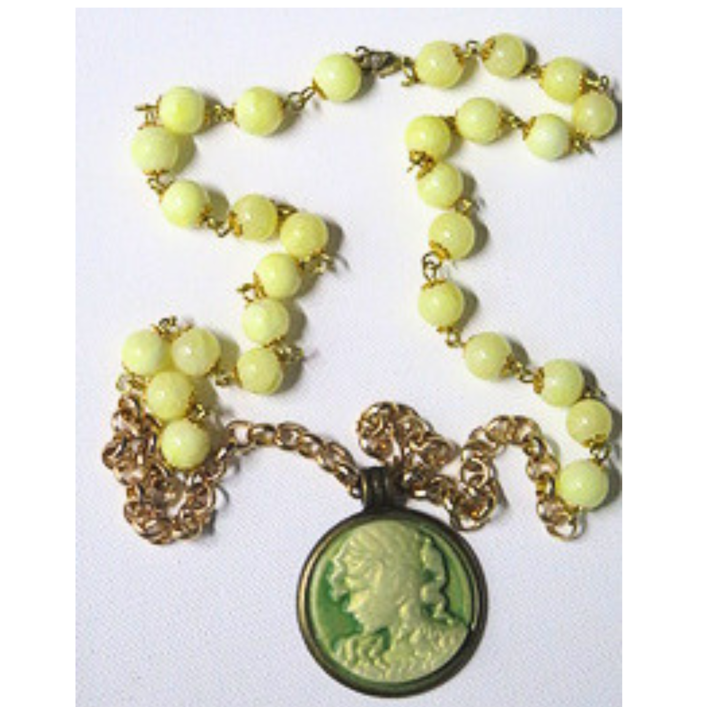 Green Cameo Necklace 31" Vintage Boho Yellow Beads Gold Chain