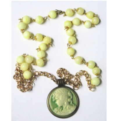 Green Cameo Necklace 31" Vintage Boho Yellow Beads Gold Chain