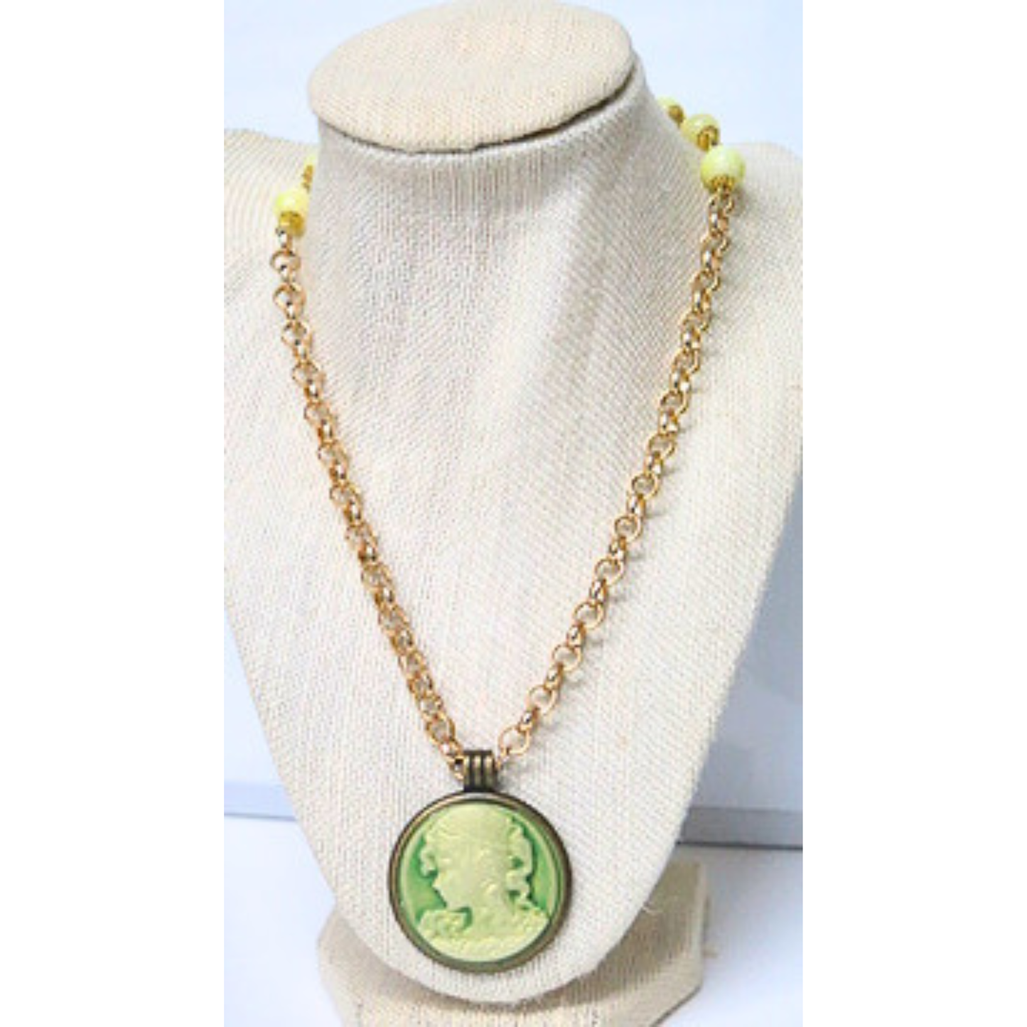 Green Cameo Necklace 31" Vintage Boho Yellow Beads Gold Chain