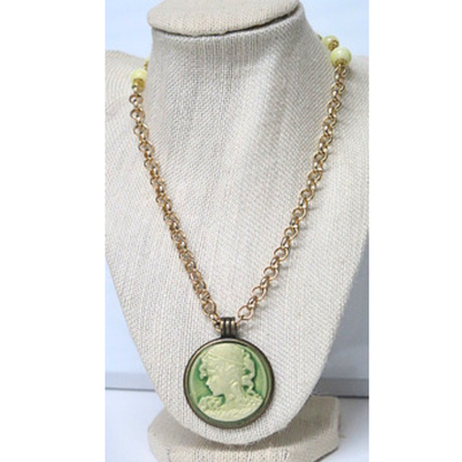 Green Cameo Necklace 31" Vintage Boho Yellow Beads Gold Chain