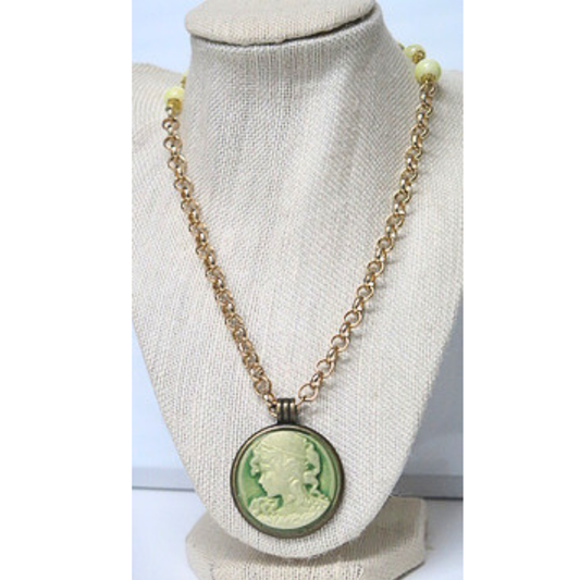 Green Cameo Necklace 31" Vintage Boho Yellow Beads Gold Chain