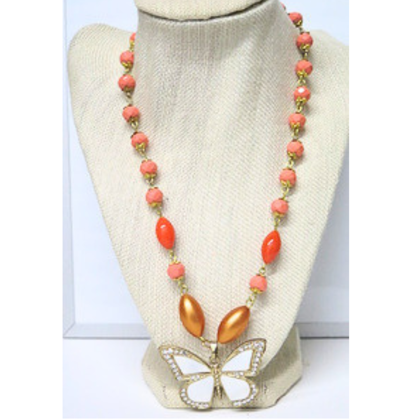 Coral Beaded Butterfly Necklace 20" White Pendant Gold Toggle