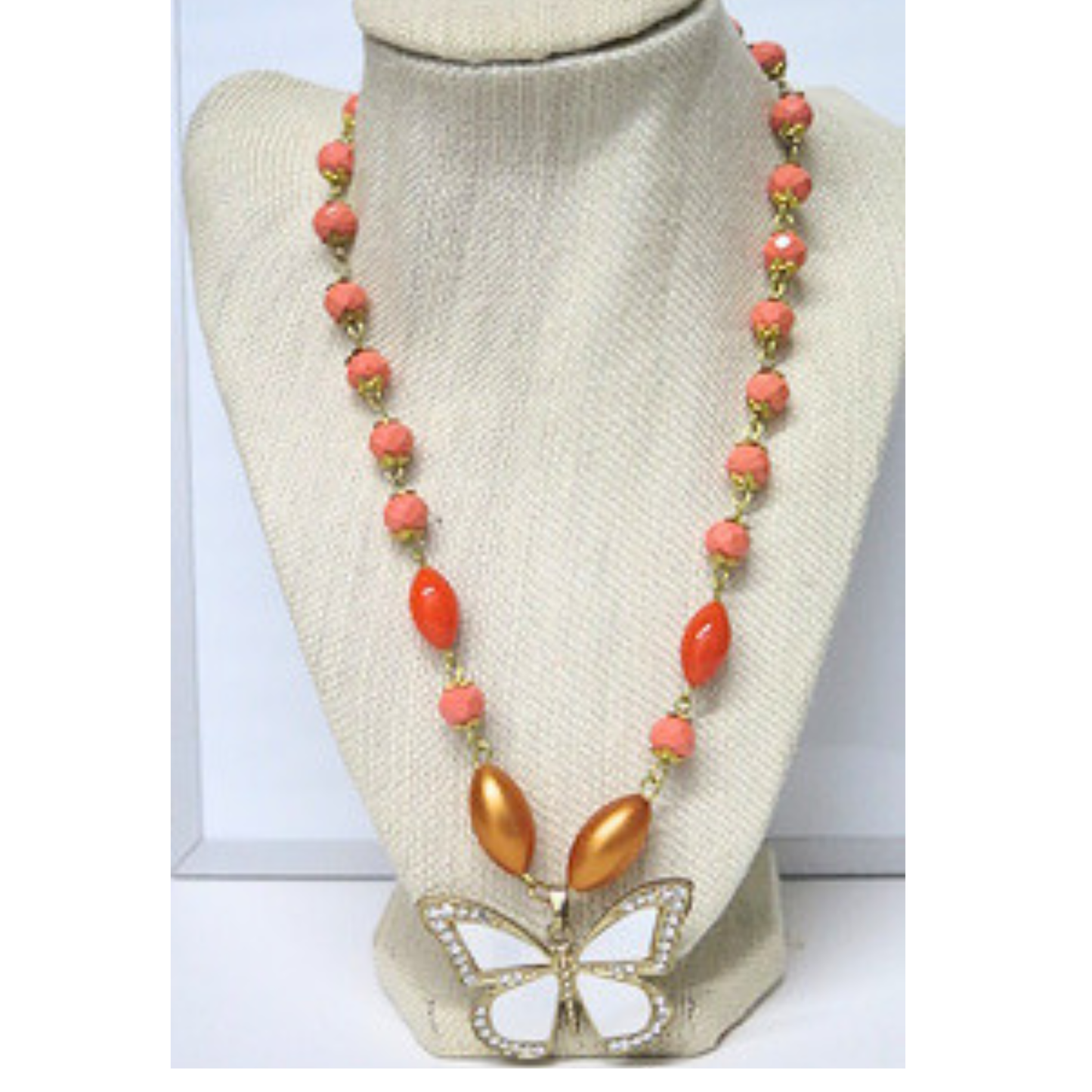 Coral Beaded Butterfly Necklace 20" White Pendant Gold Toggle