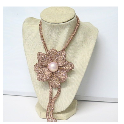 Rose Gold Crystal Flower Necklace 31" Lariat Statement Pendant
