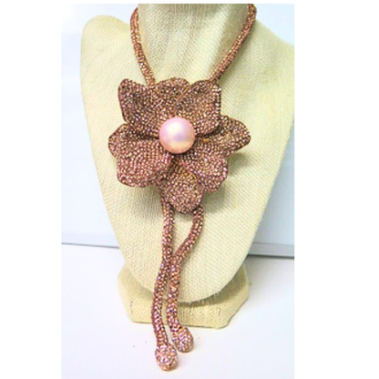 Rose Gold Crystal Flower Necklace 31" Lariat Statement Pendant