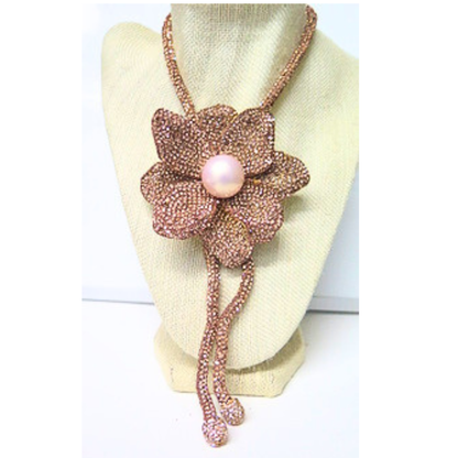 Rose Gold Crystal Flower Necklace 31" Lariat Statement Pendant