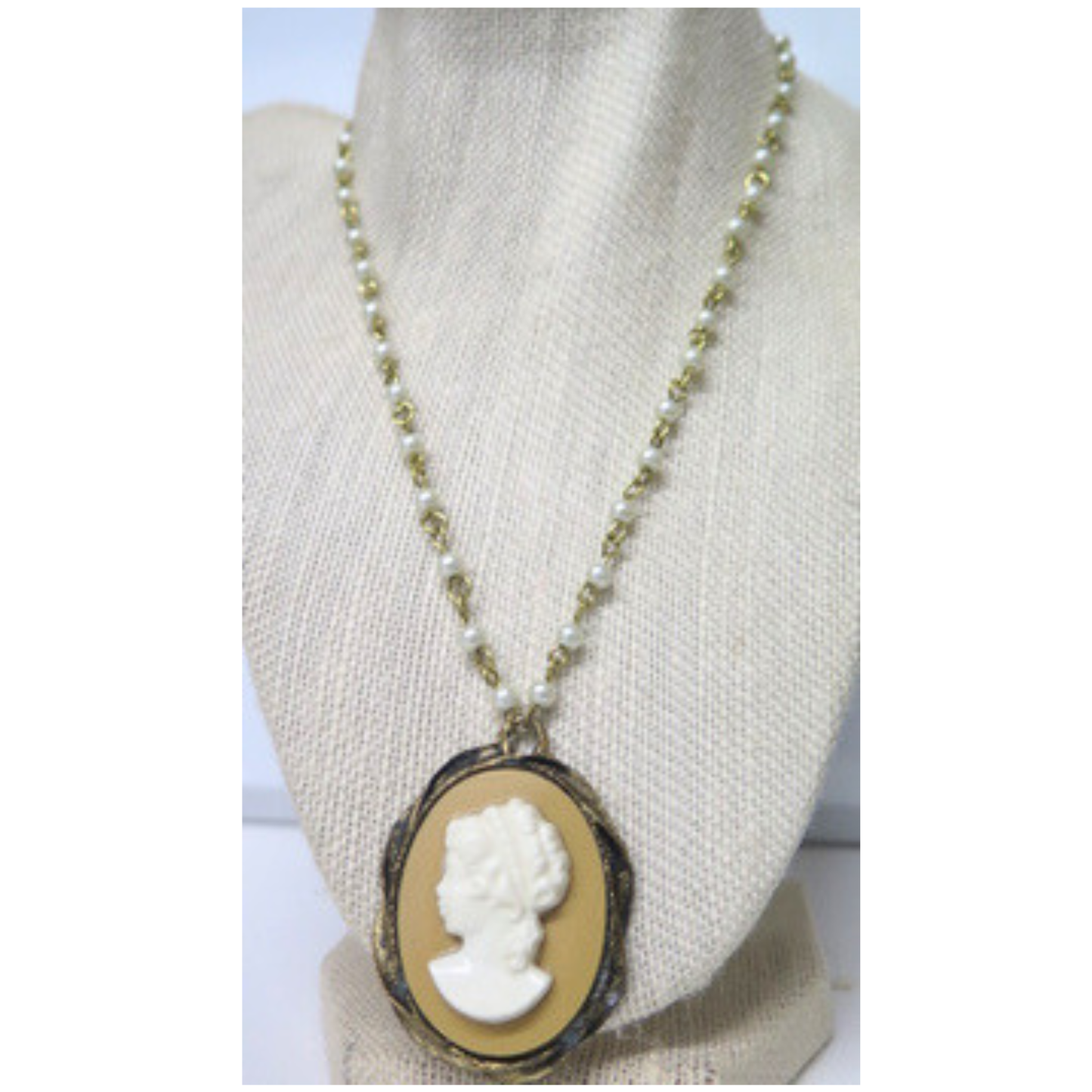 Cameo Pearl Necklace 17" Vintage Tan Pendant White Pearl Chain
