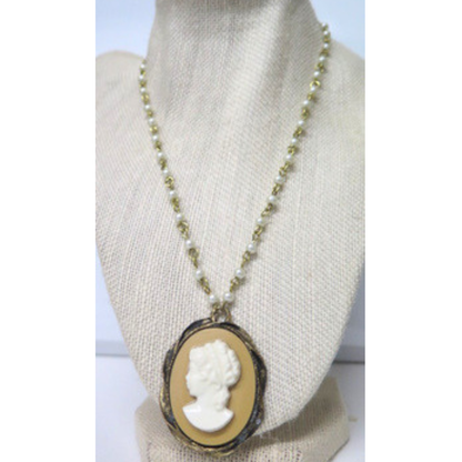 Cameo Pearl Necklace 17" Vintage Tan Pendant White Pearl Chain