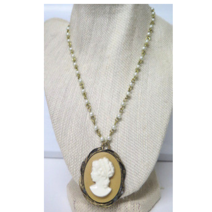 Cameo Pearl Necklace 17" Vintage Tan Pendant White Pearl Chain