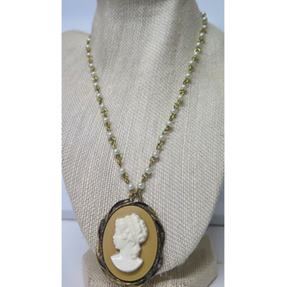Cameo Pearl Necklace 17" Vintage Tan Pendant White Pearl Chain