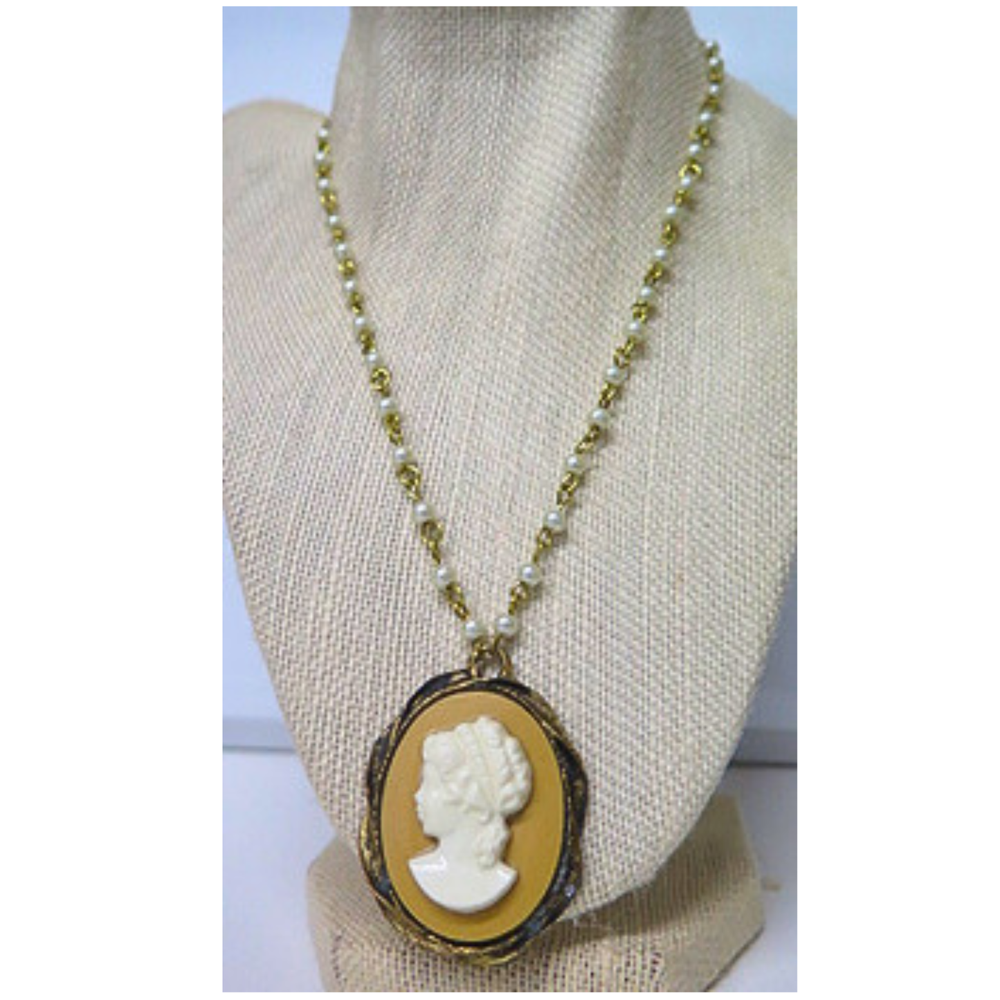 Cameo Pearl Necklace 17" Vintage Tan Pendant White Pearl Chain