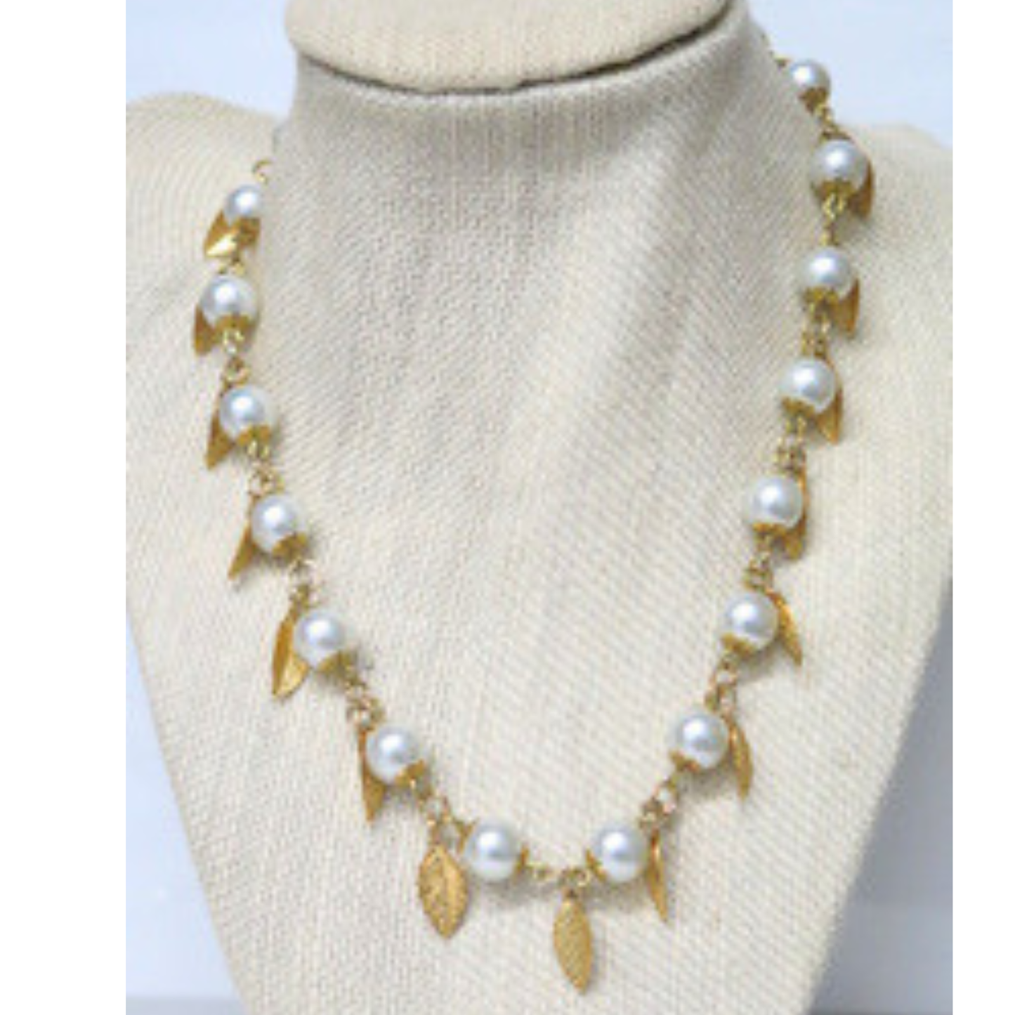 Pearl Leaf Necklace 17" Gold Wire Wrap Dangling Leaf Charms