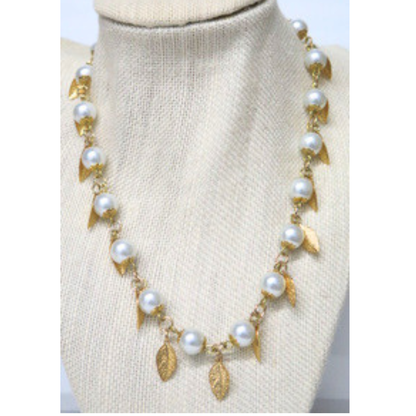 Pearl Leaf Necklace 17" Gold Wire Wrap Dangling Leaf Charms