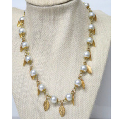 Pearl Leaf Necklace 17" Gold Wire Wrap Dangling Leaf Charms