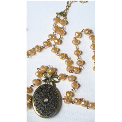 Vintage Locket Necklace 31" Champagne Crystal Filigree Bow