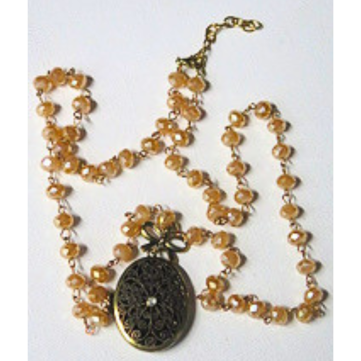 Vintage Locket Necklace 31" Champagne Crystal Filigree Bow