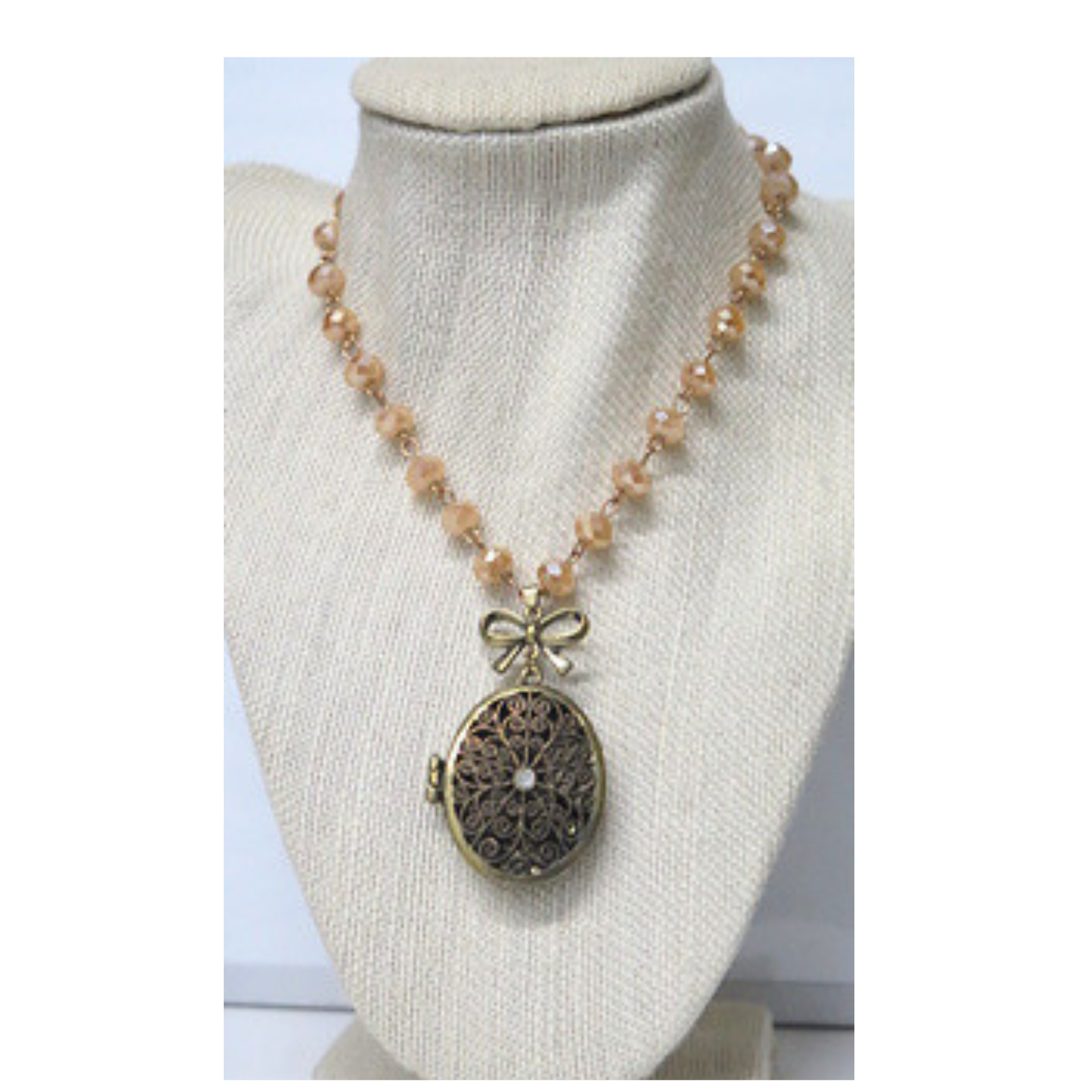 Vintage Locket Necklace 31" Champagne Crystal Filigree Bow