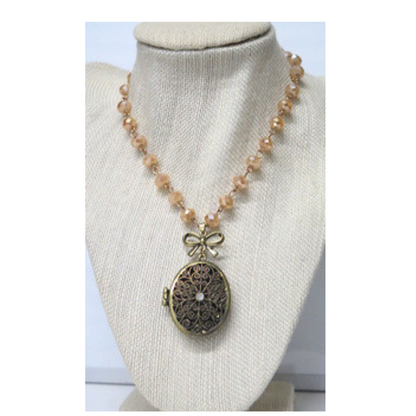 Vintage Locket Necklace 31" Champagne Crystal Filigree Bow