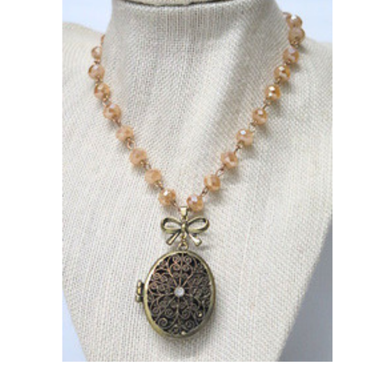 Vintage Locket Necklace 31" Champagne Crystal Filigree Bow