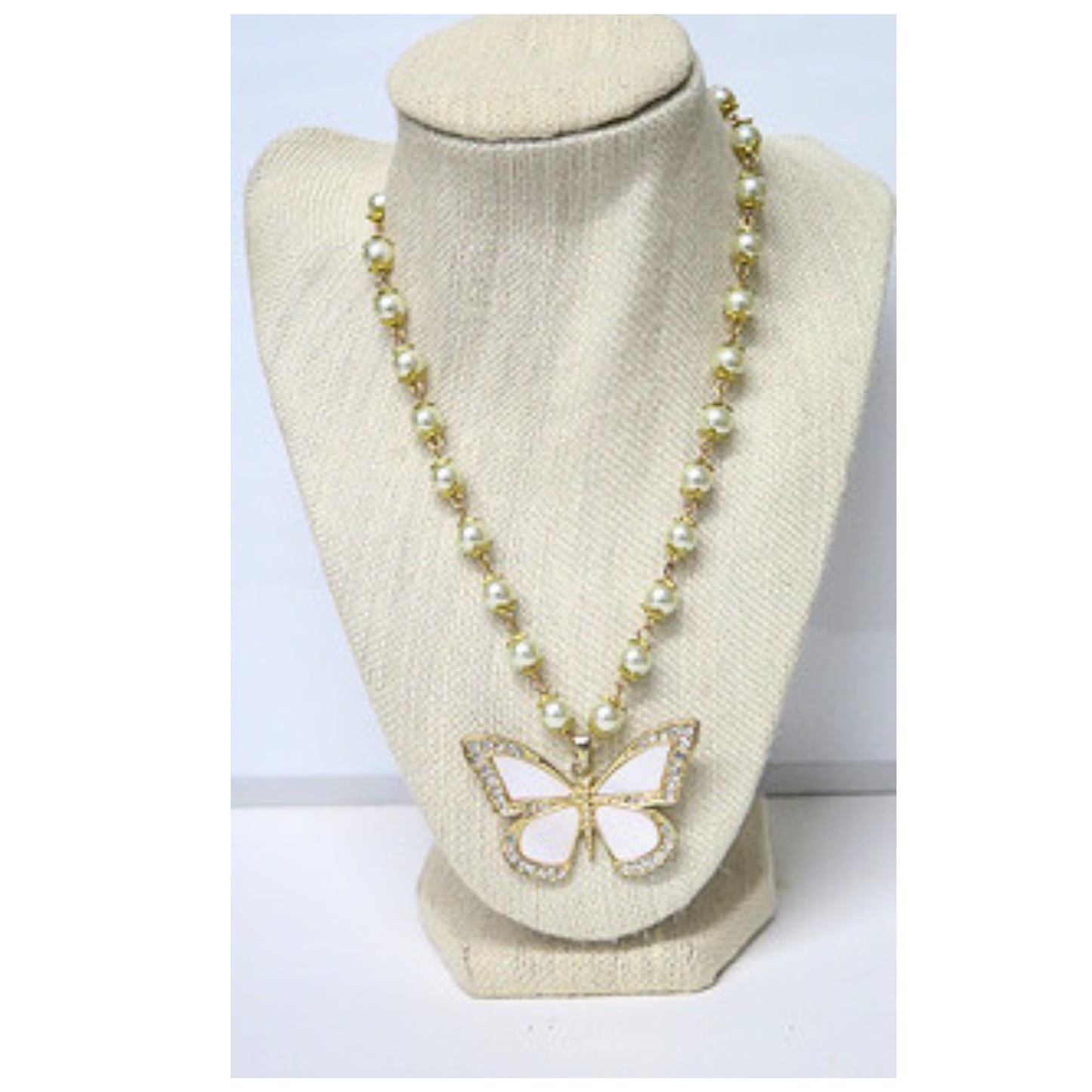 Pearl Butterfly Necklace 18" White Pendant Gold Wire Toggle